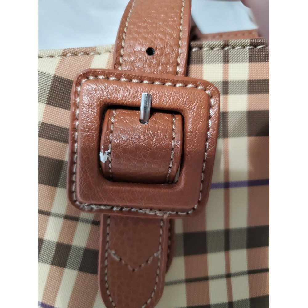 Liz Claiborne Plaid Shoulder Bag Brown Tan Purple Buckle Strap Handbag - Picture 5 of 13